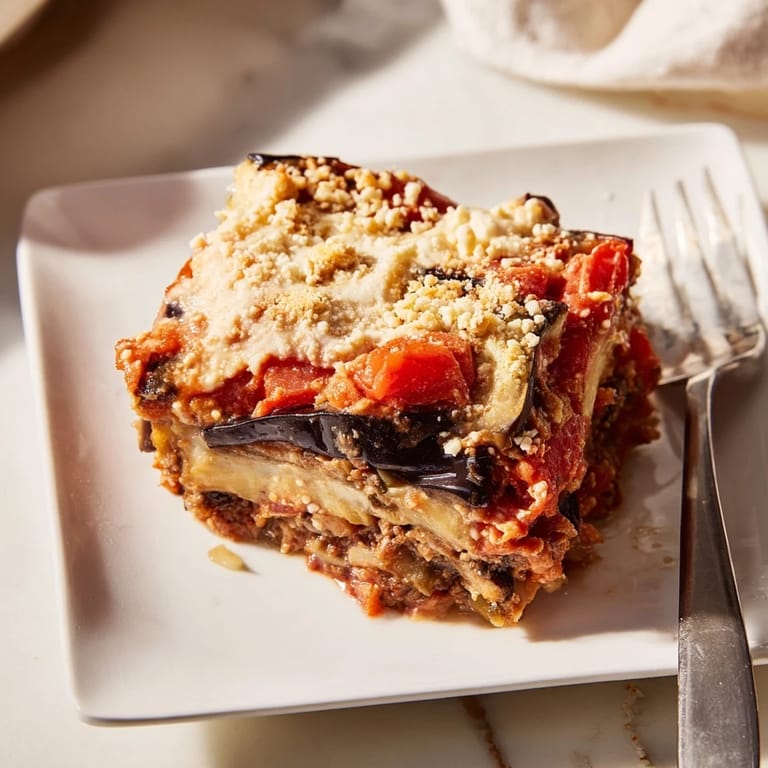 A satisfying Greek dish: Moussaka with beef and eggplant, topped with creamy béchamel sauce.