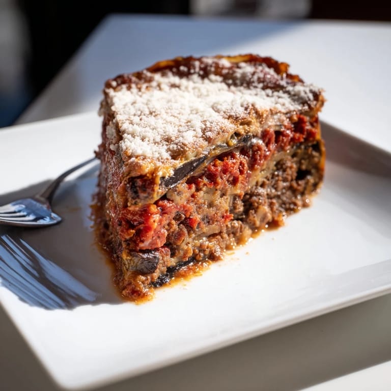 Savor the aroma of a freshly baked moussaka with beef & eggplant, ready to serve and enjoy.