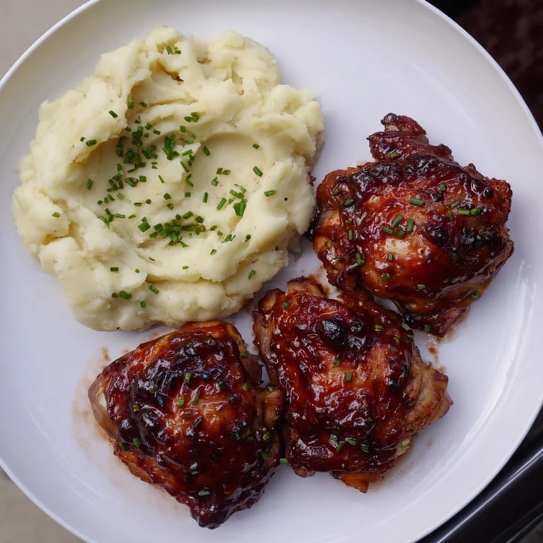 Tender Honey BBQ Chicken Thighs with a rich, savory aroma, paired with smooth, garlic-infused mashed potatoes. 