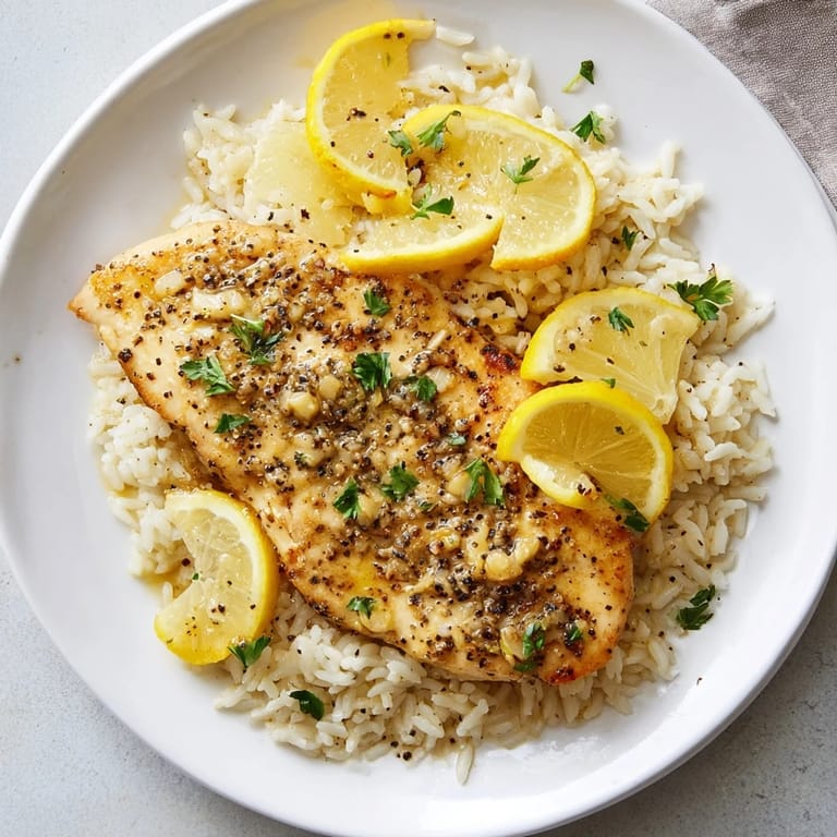 Juicy Lemon Pepper Chicken, glistening with lemon juice, paired with savory rice, a perfect dinner.