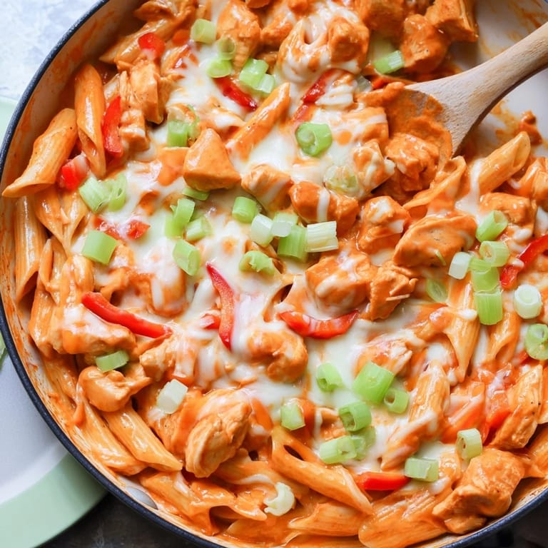 A close-up of a flavorful Buffalo Chicken Pasta Skillet, showing pasta, chicken, and melted cheese with a vibrant sauce.