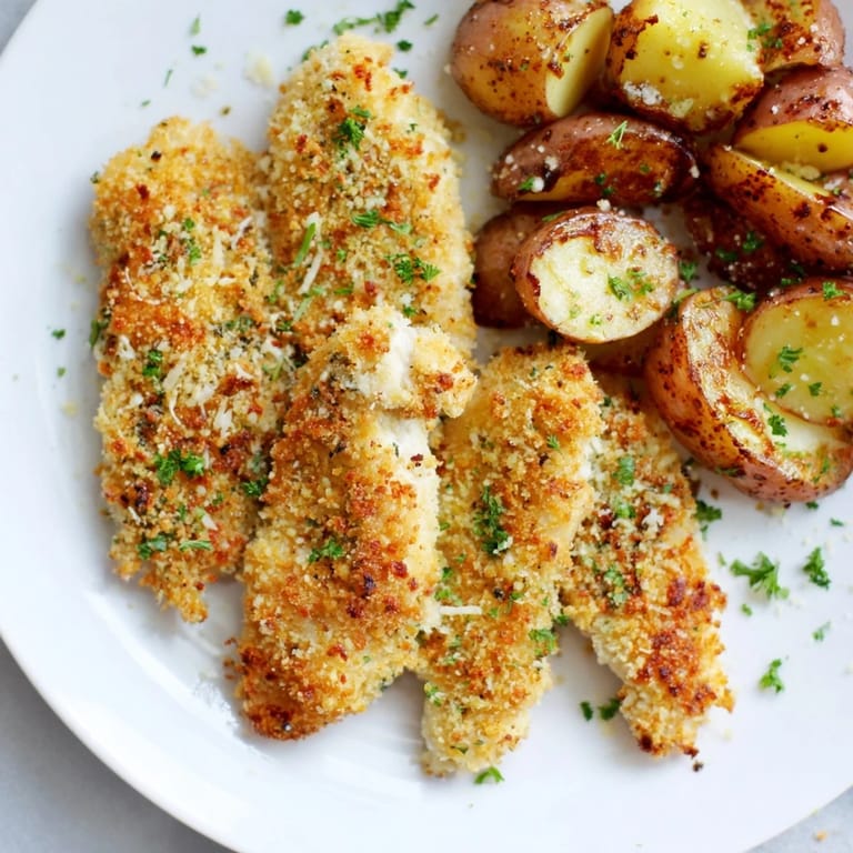 Oven-baked Parmesan crusted chicken & potatoes, featuring flavorful herbs atop perfectly roasted baby potatoes.
