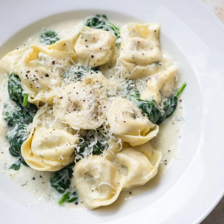 A close-up of Creamy Spinach Alfredo Tortellini, ready to eat, with a rich, white sauce and greens.