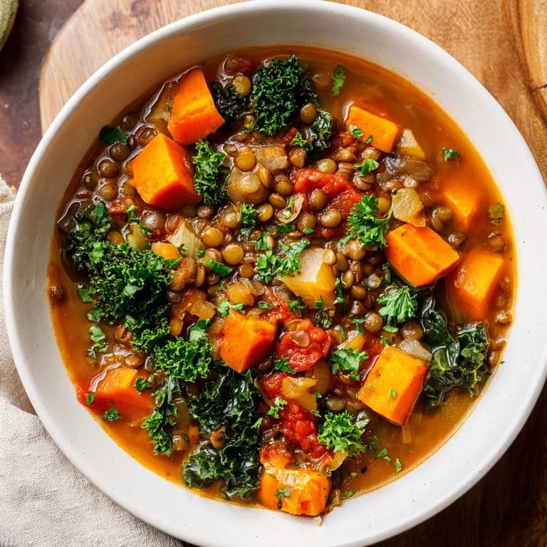 Enjoy a close-up of the delicious Winter Vegetable & Lentil Soup, ready to be ladled out and served.