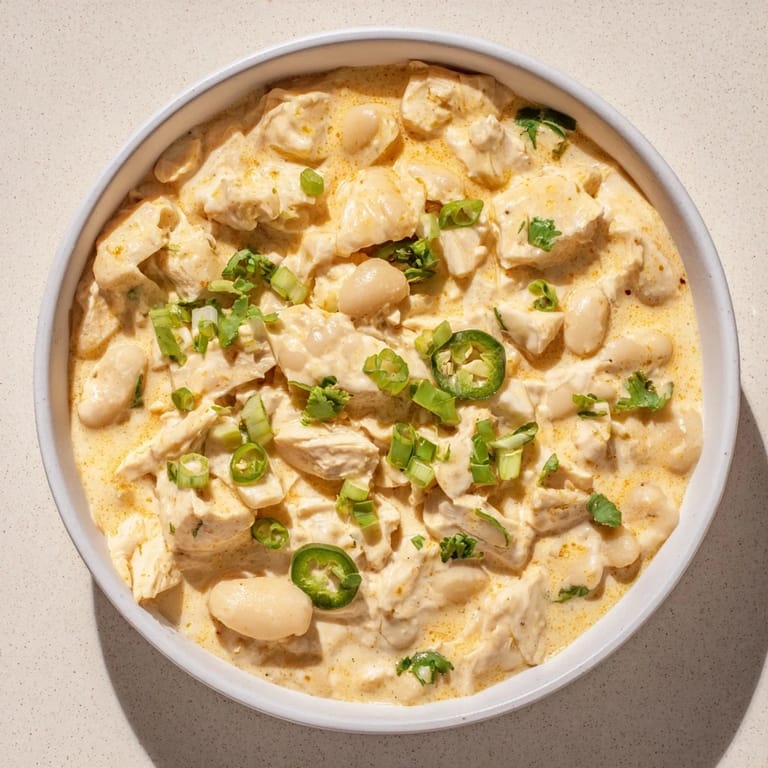 Spoonful of creamy white chicken chili with beans, a hearty and warming dish perfect for any evening.