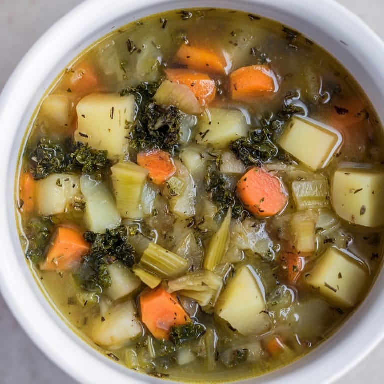 Homemade Vegetarian Potato-Kale Soup, with crusty bread alongside, a comforting American classic.