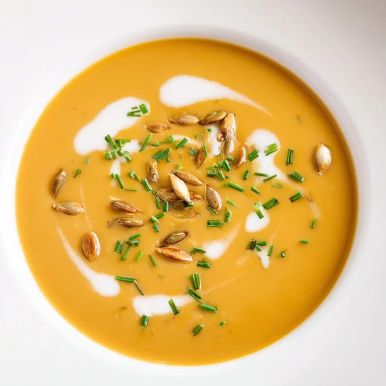 A steaming bowl of butternut squash and pear soup, offering a sweet & savory aromatic experience.