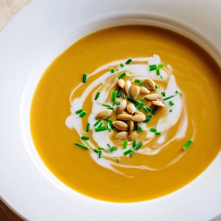 Enjoy a spoonful of flavorful butternut squash & pear soup, perfect for fall dinner parties.