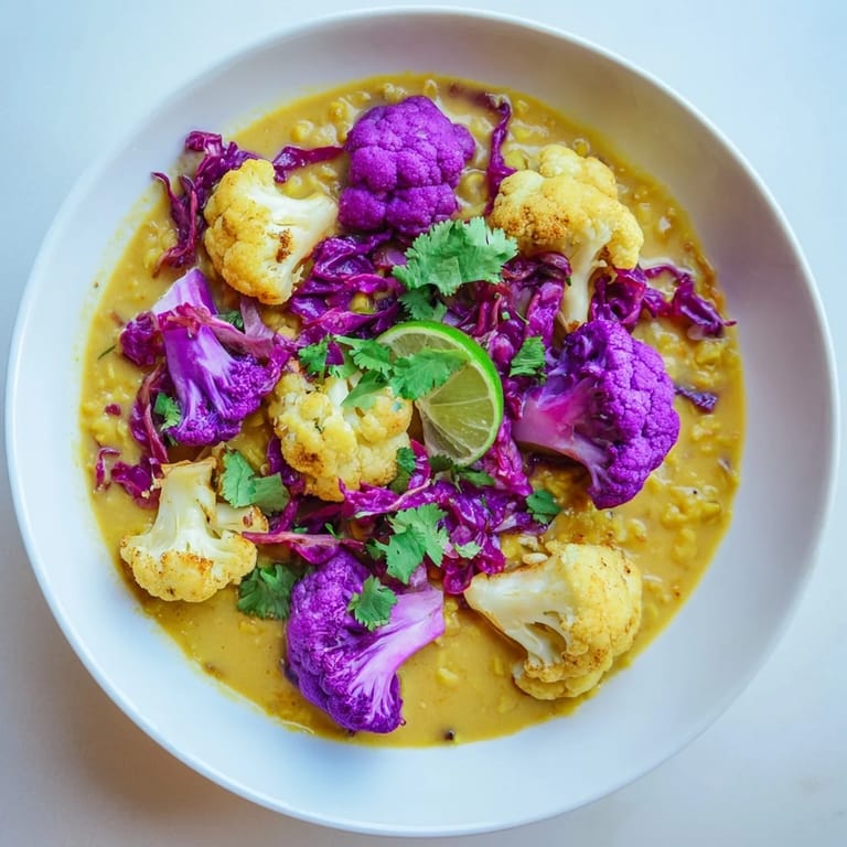 A close-up shot of creamy Red Cabbage, Cauliflower & Coconut Dhal, ready to be served for a vegan feast.