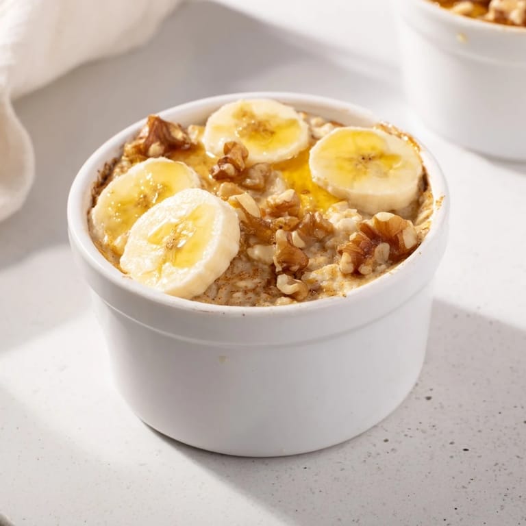 Warm, bubbling baked oats with ripe banana baked inside individual ramekins, a comforting morning meal.