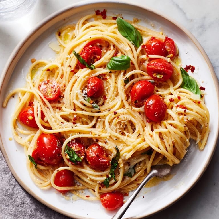 Close-up of vibrant Lazy-Girl Pasta, highlighting perfectly cooked spaghetti with a flavorful tomato sauce.