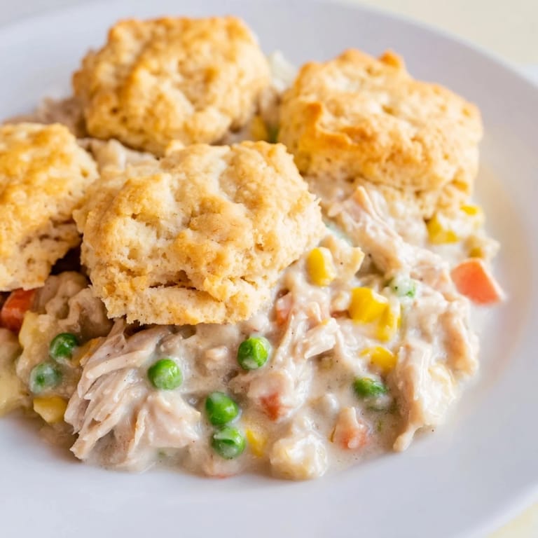 One-Pan Chicken Cobbler, a hearty dish with a savory chicken filling and fluffy, cheesy biscuit topping.