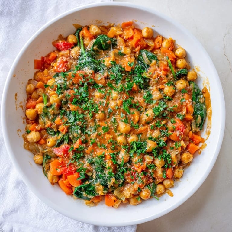 Steaming hot Vegetarian Chickpea & Spinach Skillet, perfect for a one-pan, Mediterranean-inspired dinner.