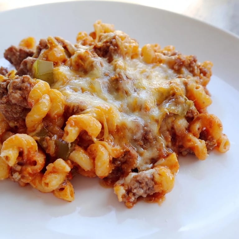 Steaming spoonful of hamburger casserole shows cheesy, meaty goodness perfect for a hearty meal.