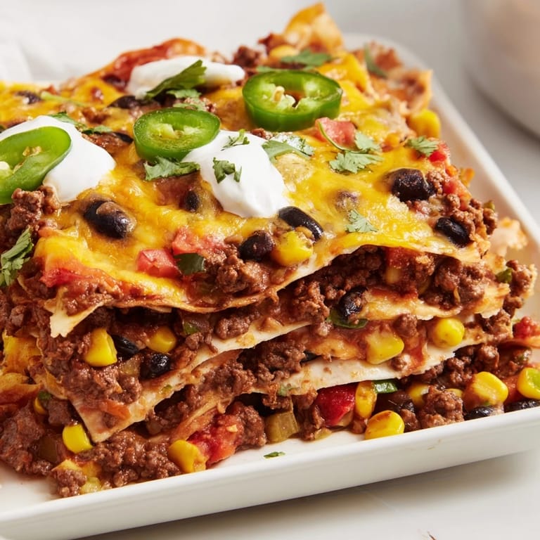 Warm, Tex-Mex inspired Taco Lasagna, layered with savory filling and topped with bubbling cheese.
