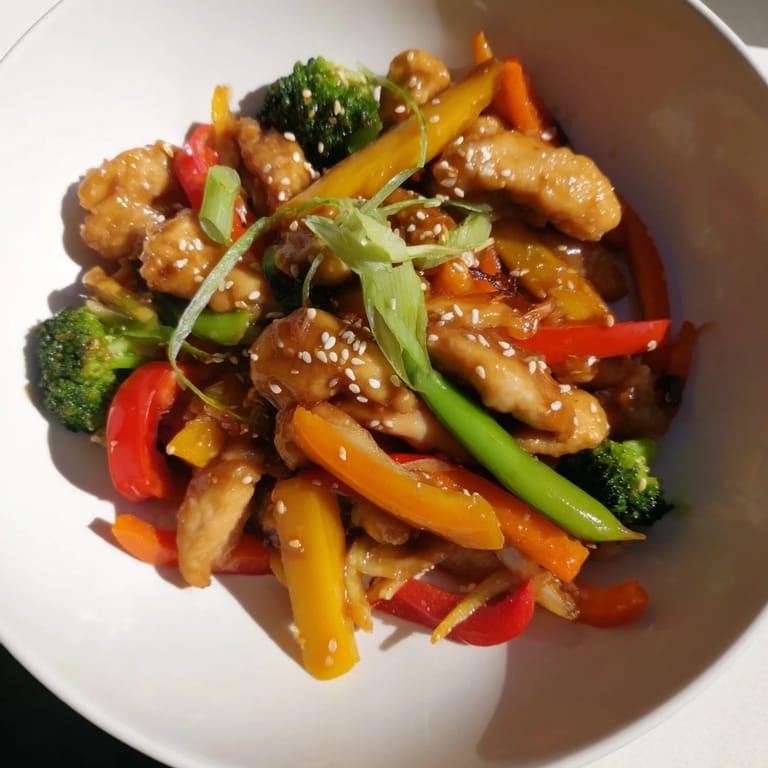 Imagine a flavorful chicken stir-fry; a quick meal with vegetables atop a bed of rice.