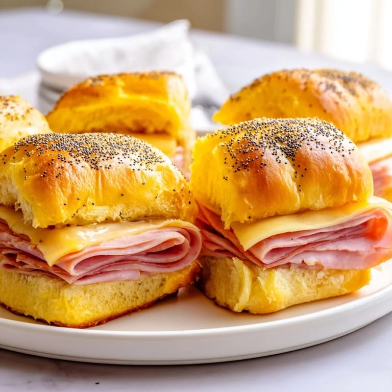 Warm, buttery glaze coats perfectly layered Baked Ham and Cheese Party Sliders, a delicious appetizer.