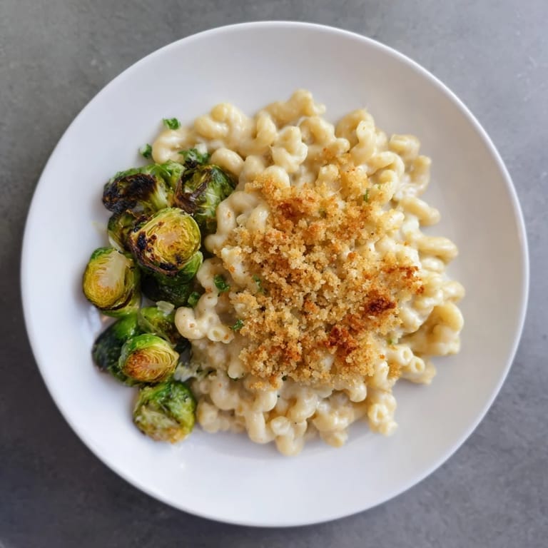 A delicious close-up reveals creamy Sheet Pan Mac and Cheese, studded with roasted Brussels sprouts.