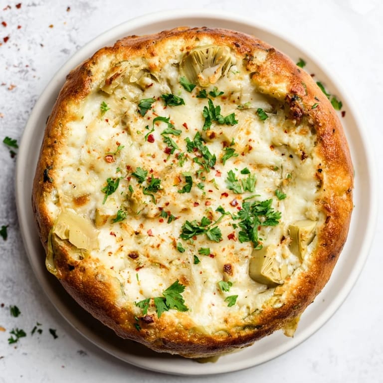 Warm Baked Artichoke Dip with a creamy, melted cheese topping, ready to serve with crackers.