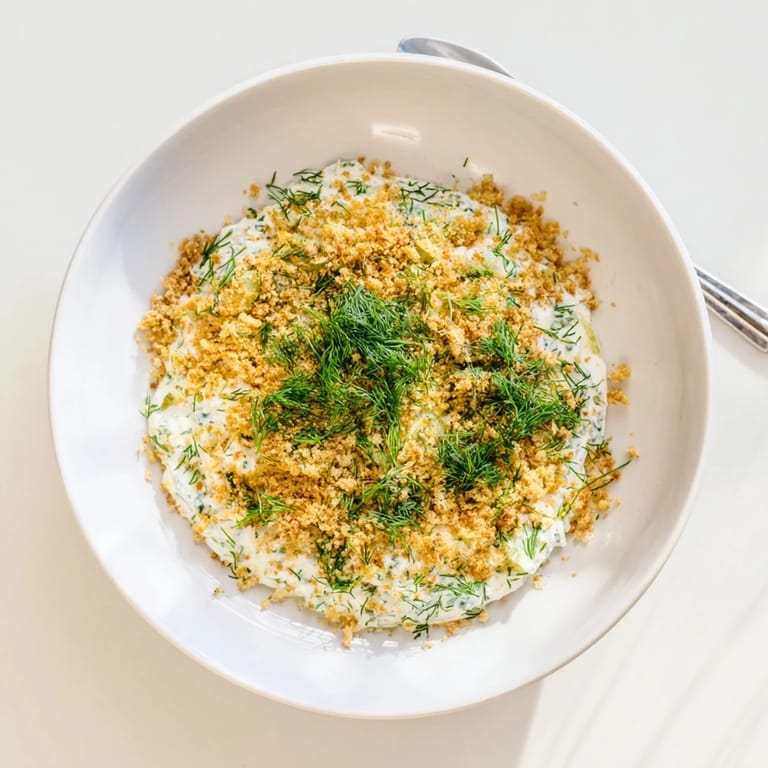 Close-up of golden Fried Pickle Dip, showcasing the fresh dill garnish and creamy texture.