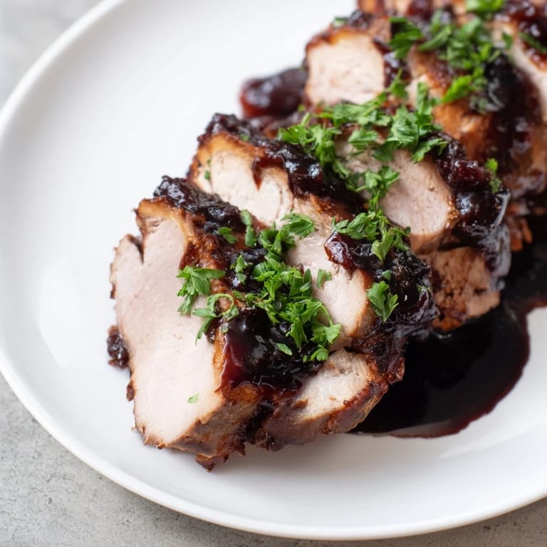 A close-up view showing the beautifully caramelized exterior of the Tart Cherry Date Glazed Pork Tenderloin, ready to serve.