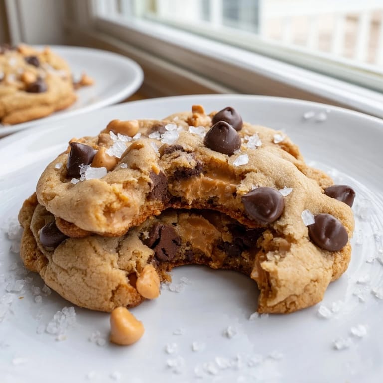 Close-up of freshly baked Best Ever Butterscotch Chocolate Chip Cookies with glistening chocolate chips and flaky salt.