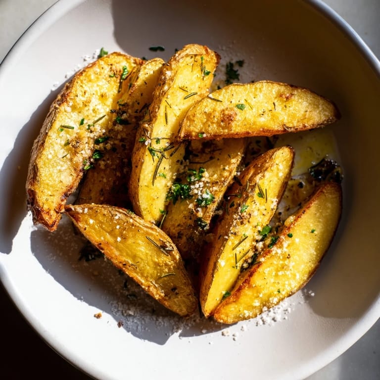 A close-up view of glistening, herb-infused Quick Rosemary Roast Potato Wedges, just out of the oven.