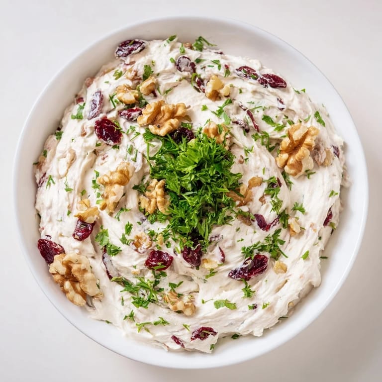 A bowl of delicious Lightened Holiday Cream Cheese Dip, with visible herbs alongside the cream cheese and cranberries.