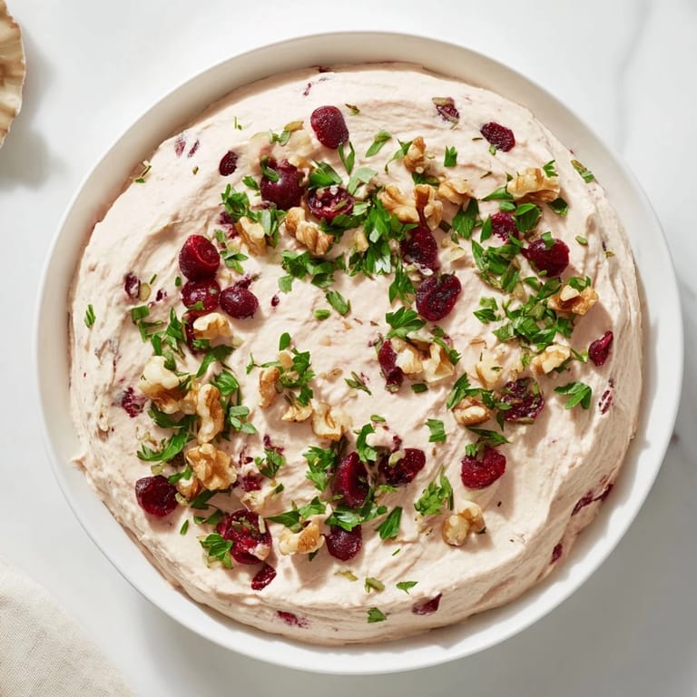 Festive Lightened Holiday Cream Cheese Dip, beautifully garnished with cranberries, served with crackers, and ready to go.