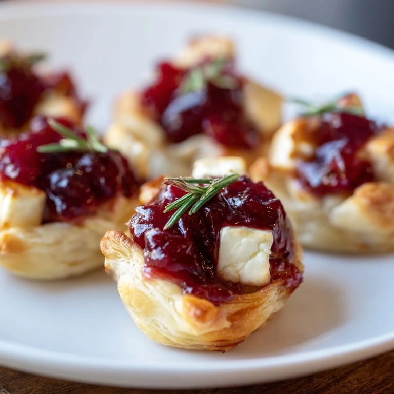 Flaky, golden puff pastry cups hold creamy Brie and tart cranberry sauce to make elegant bites.
