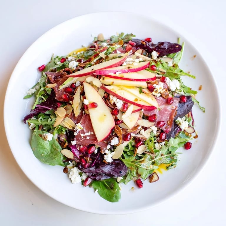 A delicious and vibrant Hot Girl Christmas Salad with glistening pomegranate seeds and salty salami, perfect for a gathering.