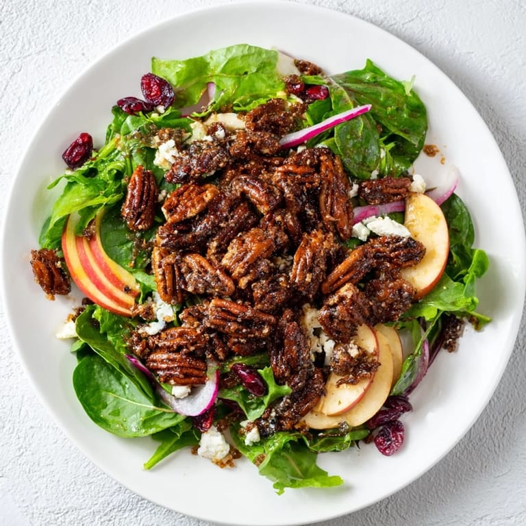 Close-up of a plated Gingerbread spiced candied pecan salad; the pecans glistening atop fresh greens and goat cheese.