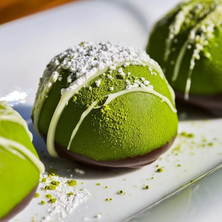 Vibrant green Matcha Dark Chocolate Peppermint Truffles, ready to eat, sit in a dish, alongside peppermint candies.
