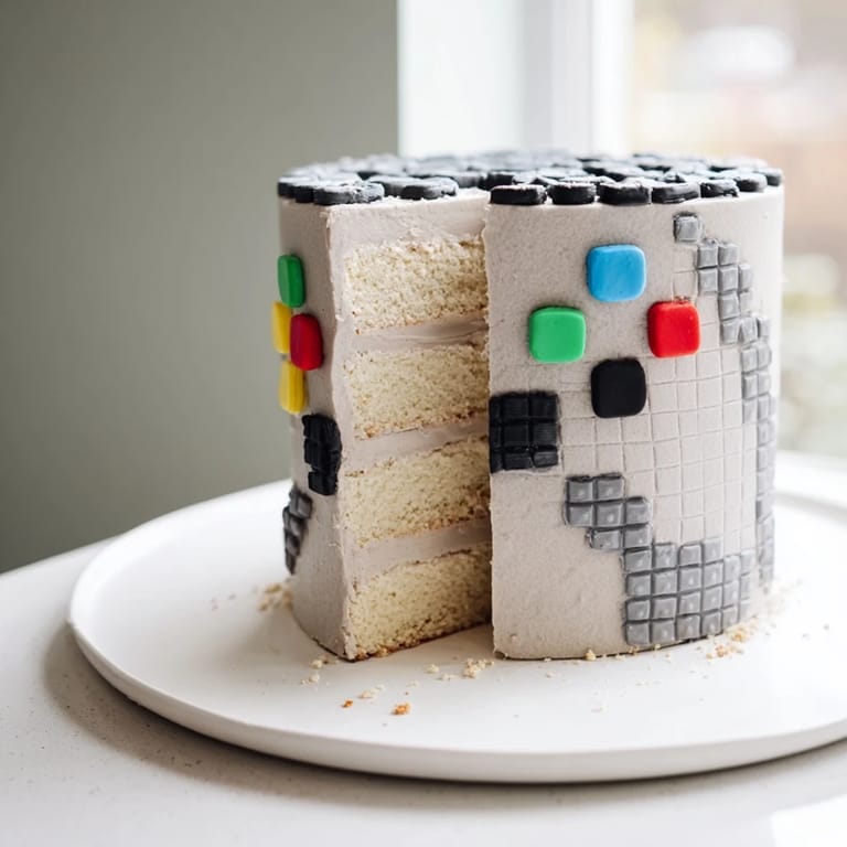 Enjoy the sweet, moist slices of this creative Pixel Video Game Controller Cake after baking it today!