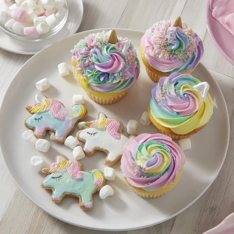 Vivid, sweet-smelling assortment: a complete Magical Unicorn Dessert Table for your party, ready to enjoy.