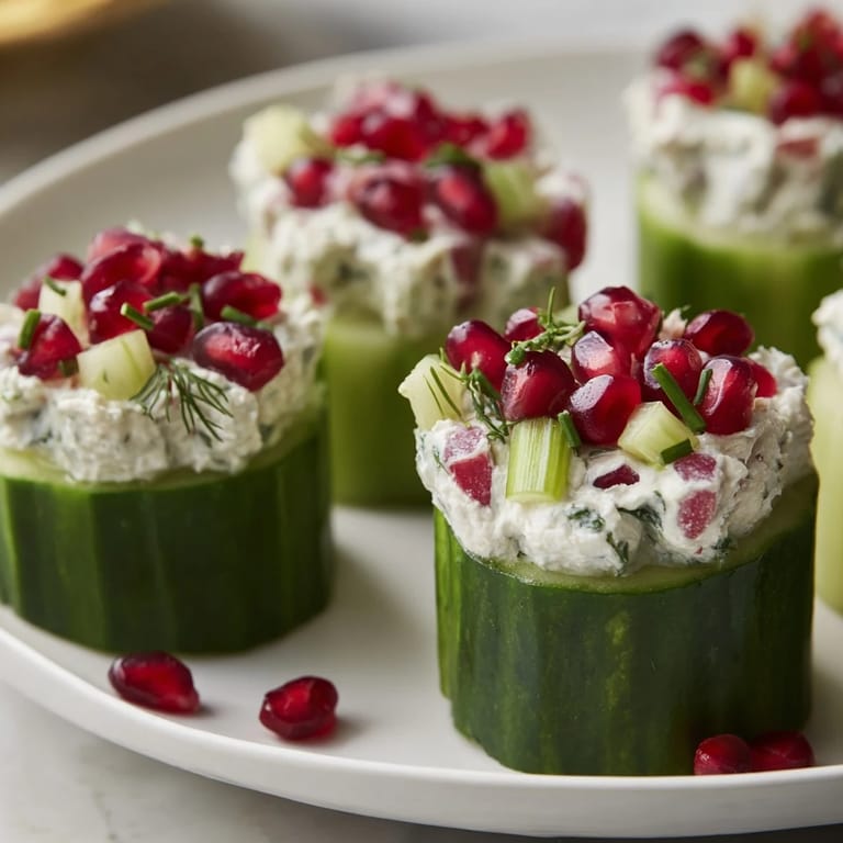 Festive party appetizer: a beautifully arranged platter of Winter Salad snowflake cucumber cups with pomegranate.