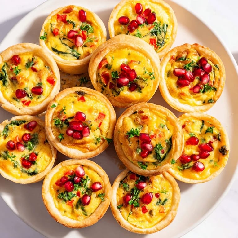 Appetizing mini quiche Christmas tree, with glistening decorations, a visually stunning vegetarian-friendly savory treat.