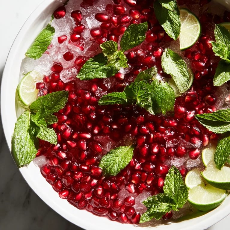 Refreshing pomegranate and mint wreath mocktail, topped with vibrant pomegranate seeds and mint.