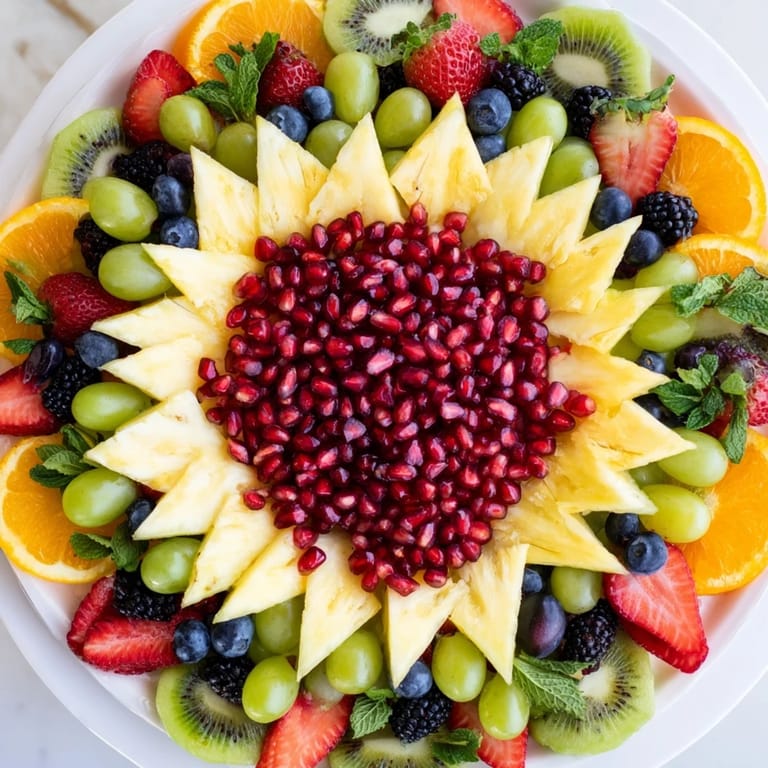 Delectable Pomegranate Starburst Platter presentation, bursting with fresh fruits, ideal for a beautiful appetizer spread.