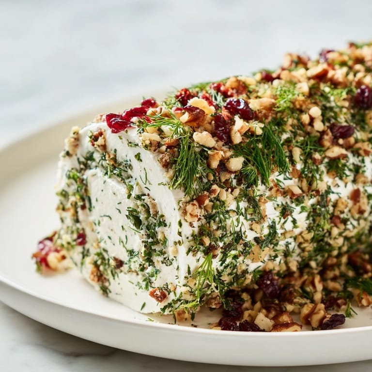 Festive Winter Snowdrift Goat Cheese Log, a delicious appetizer with cranberries and walnuts.