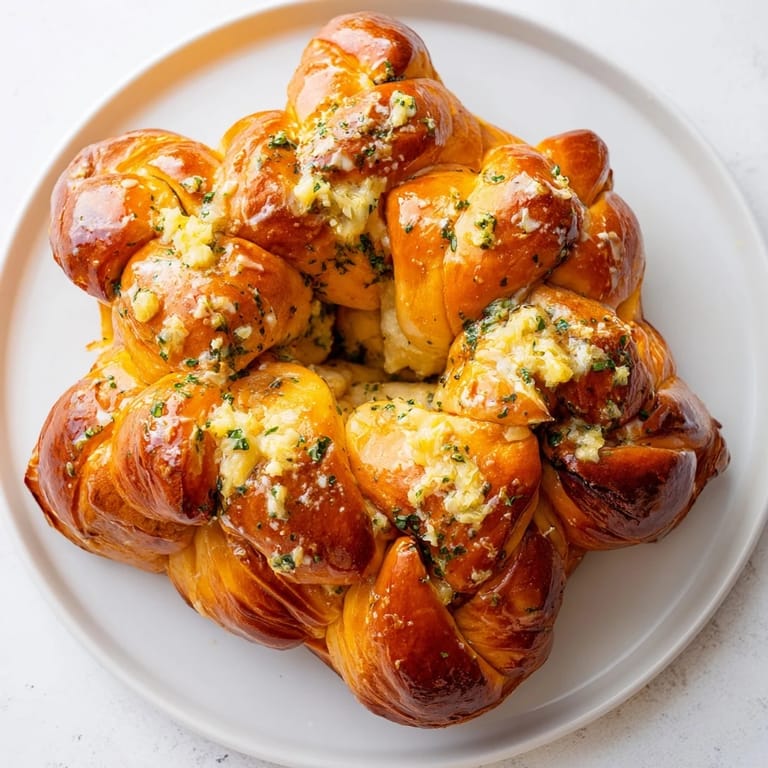 Close-up of a freshly baked star shaped garlic bread, showcasing the savory garlic butter layers and textures.