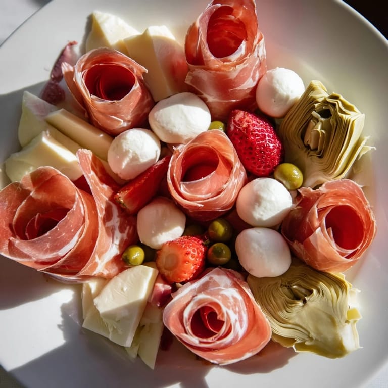A close-up of a Prosciutto Rose Bouquet Board with colorful fruits, cheeses, and inviting charcuterie.