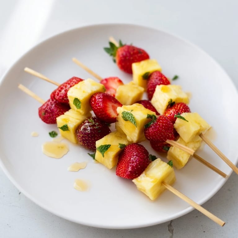 Sweet and refreshing fruit skewers with pineapple and strawberries, perfect for a summer snack on a hot day.