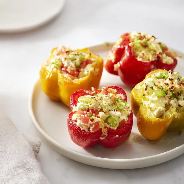 Bright red, yellow, and orange bell peppers filled with zesty feta; perfect for party appetizers.