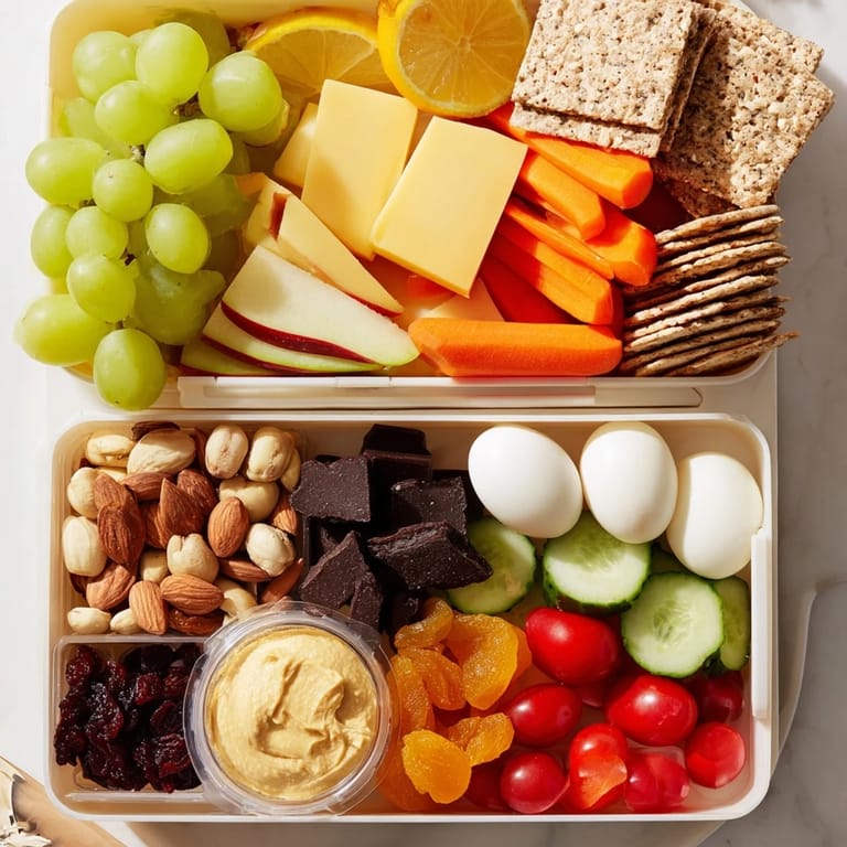 A close-up view of a Road Trip Snack Box displays delicious, portable snacks ideal for travel adventures.