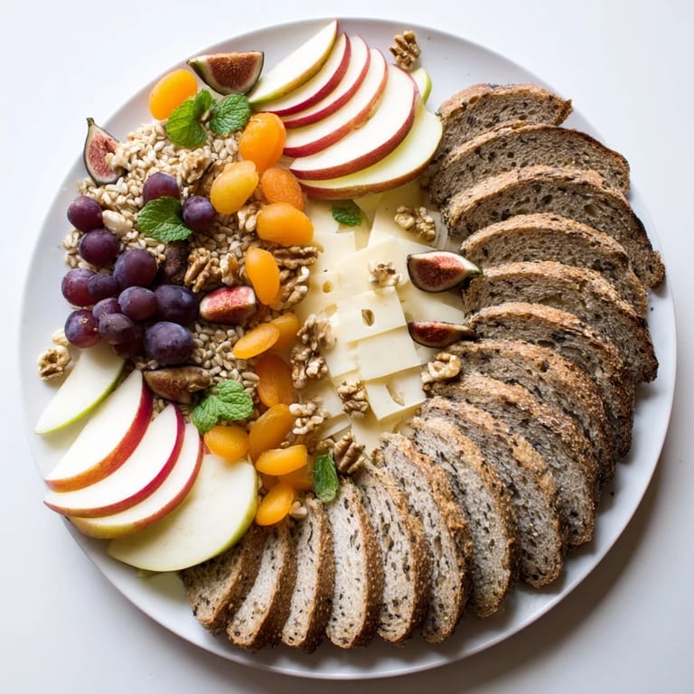 Rustic The Harvest Scythe platter features crusty breads, ripe fruits, and grains, perfect for sharing and a gathering.