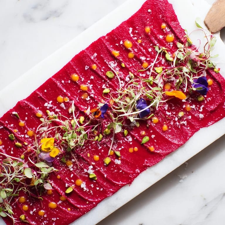 Imagine a clean board showcasing "The Modernist Stripe," an artful appetizer with colorful purées and fresh garnishes.