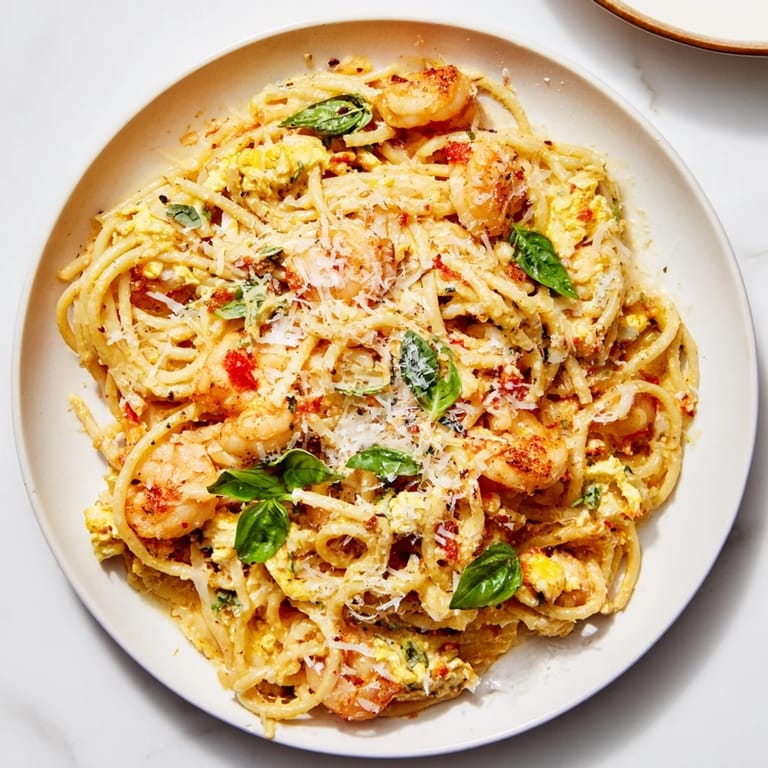 Enjoy a colorful plate of pesto egg and chicken pasta with a generous sprinkle of Parmesan cheese.