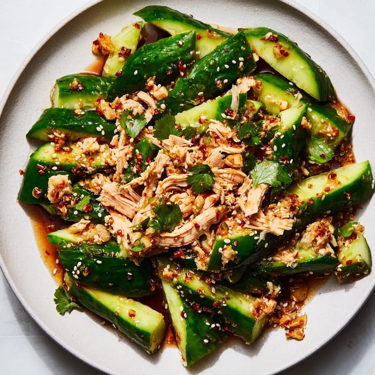 A vibrant Whole Logan Cucumber Salad, served cold with chicken and spicy, flavorful dressing.