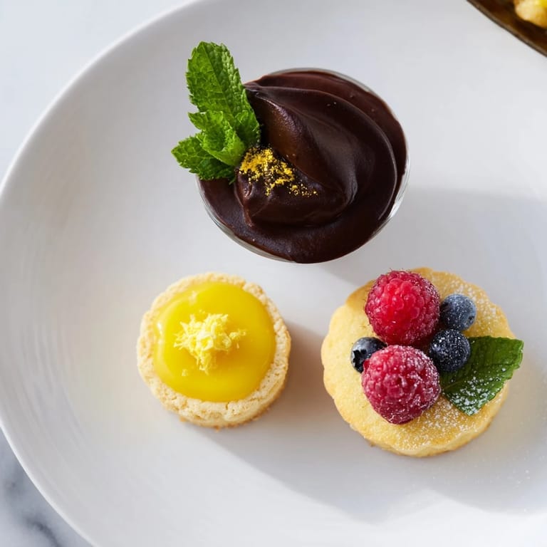 A beautifully plated Assiette de Desserts Starry Delight with golden-dusted raspberry financiers and fresh berries.